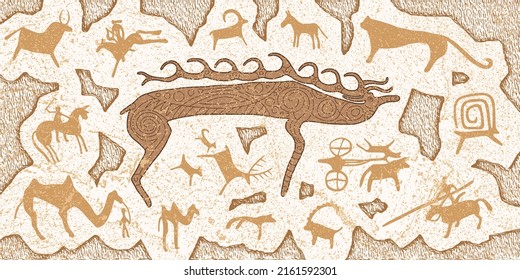 Fantasy on an ethnic theme. Petroglyphs, rock paintings of Central Asia and Mongolia, vector design.