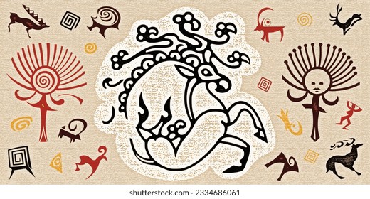 Fantasy on an ethnic theme. Petroglyphs, rock paintings of Central Asia and Siberia, vector design.