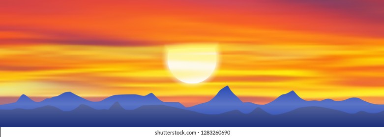 Fantasy on the setting sun in the mountains, bright sunset sky, vector illustration, EPS10 