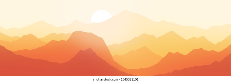 Fantasy On The Setting Sun In The Mountains, Vector Illustration, EPS10 