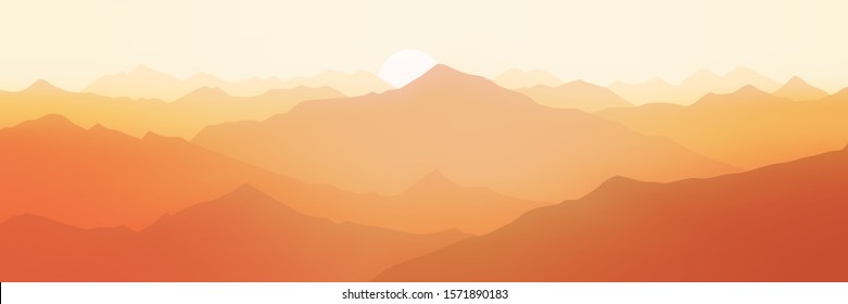 Fantasy On The Setting Sun In The Mountains, Vector Illustration, EPS10