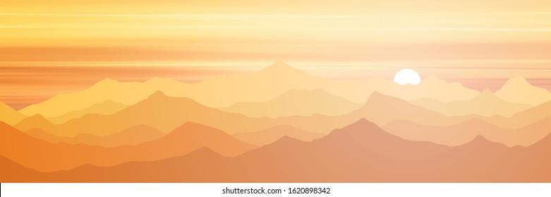 Fantasy On The Setting Sun In The Mountains, Vector Illustration, EPS10 