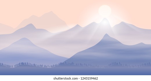 Fantasy on the theme of dawn, the sun sets behind a mountain peak, vector illustration, EPS10