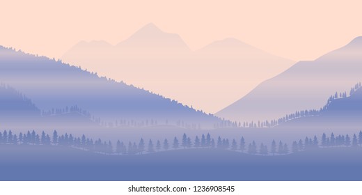 Fantasy on the theme of the evening landscape, sunset in the mountains, vector illustration, EPS10