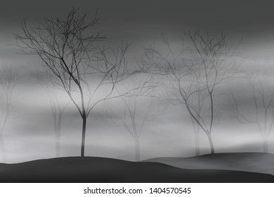 Fantasy on the theme of fog in the forest, mysterious landscape. Black and white, vector illustration, EPS10