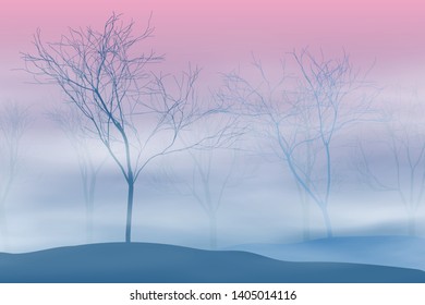 Fantasy on the theme of fog in the forest. Mysterious landscape, sunrise. Vector illustration, EPS10