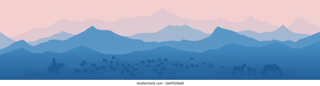 Fantasy on the theme of life in Central Asia. Nomads life, shepherd grazes a flock of sheep, horse. Panoramic view, morning haze, vector illustration. 