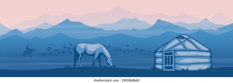 Fantasy on the theme of life in Central Asia. Nomads life, a horse grazes, yurt. Panoramic view, morning haze, vector illustration.	