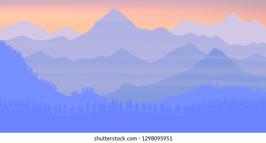 Fantasy on the theme of the morning landscape, sunrise in the mountains, vector illustration, EPS10