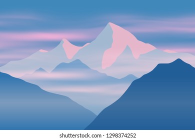 Fantasy on the theme of the morning landscape, sunrise in the mountains, vector illustration
