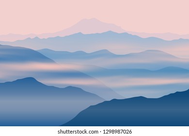 Fantasy on the theme of the morning landscape, sunrise in the mountains, vector illustration