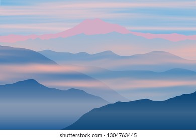 Fantasy on the theme of the morning landscape, sunrise in the mountains, vector illustration