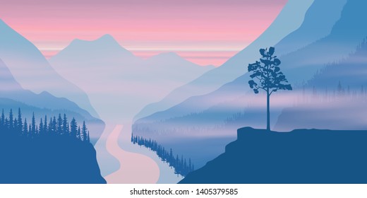Fantasy on the theme of the morning landscape. Sunrise in the mountains, river and trees. Vector illustration, EPS10 