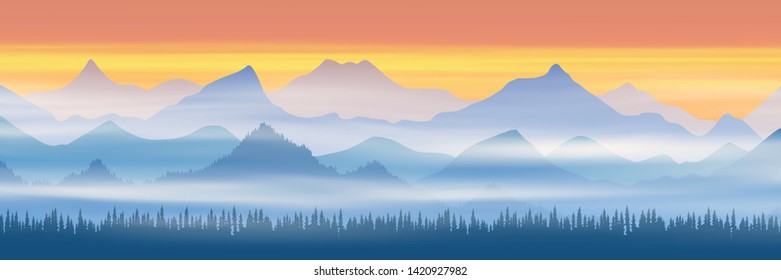 Fantasy on the theme of the morning landscape, sunrise in the mountains, panoramic view, vector illustration