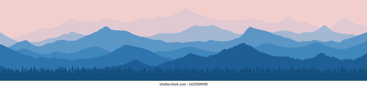 Fantasy on the theme of the morning landscape, sunrise in the mountains, panoramic view, vector illustration