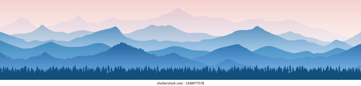 Fantasy on the theme of the morning landscape, sunrise in the mountains, panoramic view, vector illustration