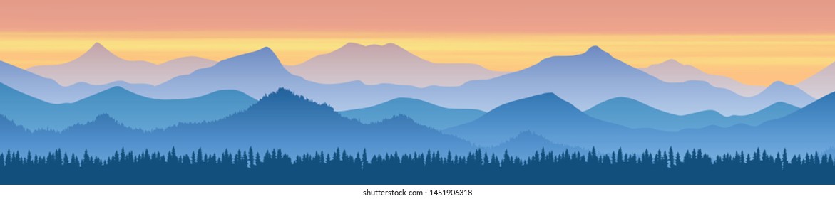 Fantasy on the theme of the morning landscape, sunrise in the mountains, panoramic view, vector illustration