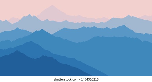 Fantasy on the theme of the morning landscape, sunrise in the mountains, panoramic view, vector illustration