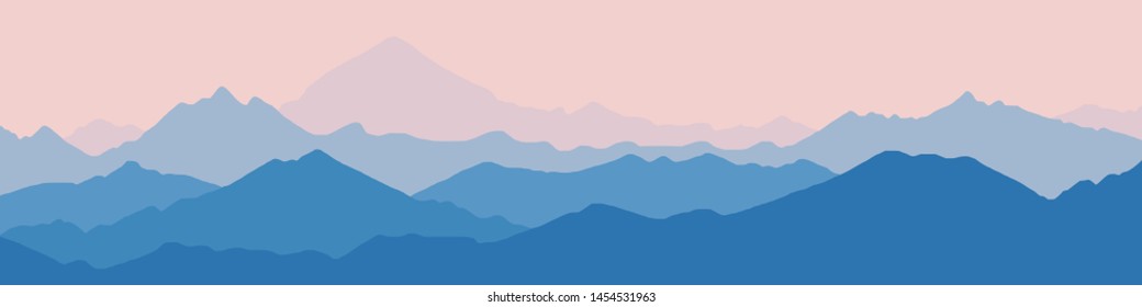 Fantasy on the theme of the morning landscape, sunrise in the mountains, panoramic view, vector illustration