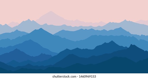 Fantasy on the theme of the morning landscape, sunrise in the mountains, vector illustration