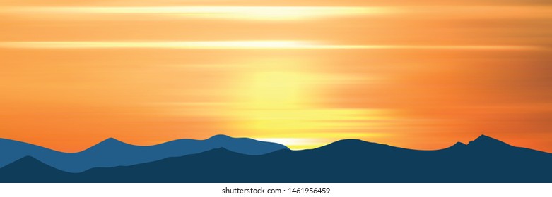 Fantasy on the theme of the morning landscape, sunrise in the mountains, panoramic view, vector illustration