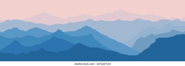 Fantasy on the theme of the morning landscape, sunrise in the mountains, panoramic view, vector illustration