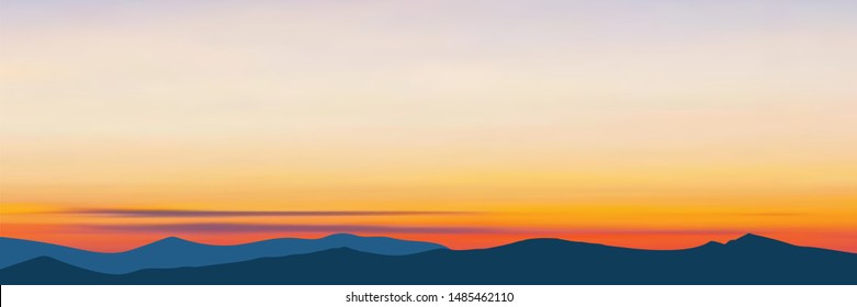 Fantasy on the theme of the morning landscape, sunrise in the mountains, panoramic view, vector illustration