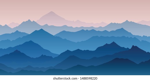 Fantasy on the theme of the morning landscape, sunrise in the mountains, panoramic view, vector illustration