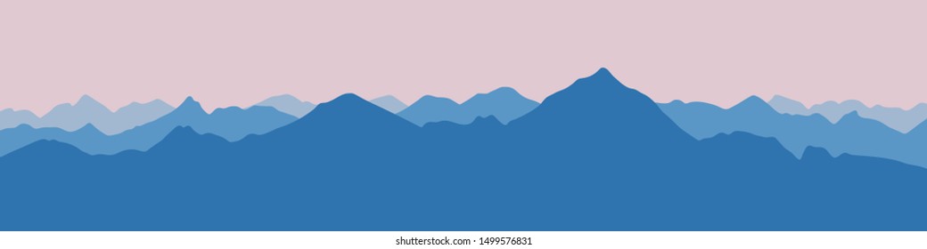 Fantasy on the theme of the morning landscape, sunrise in the mountains, panoramic view, vector illustration