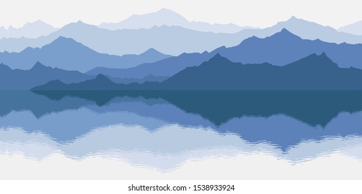 Fantasy on the theme of the morning landscape. Picturesque reflection in the lake, mountains in the fog. Vector illustration, EPS10.