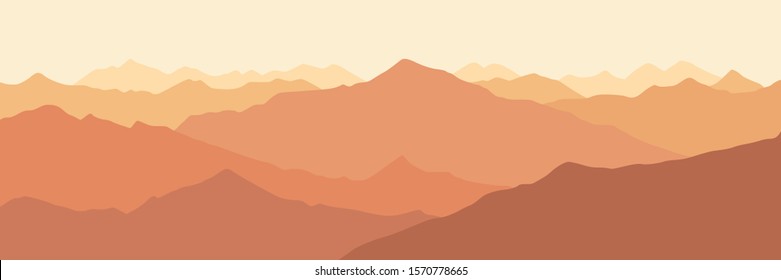 Fantasy on the theme of the morning landscape, sunrise in the mountains, panoramic view, vector illustration