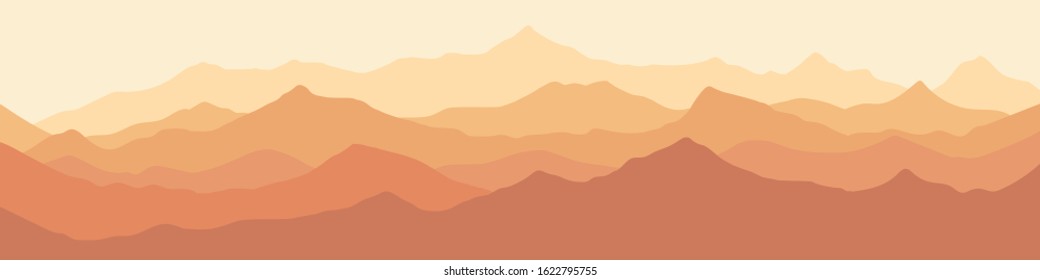 Fantasy on the theme of the morning landscape, sunrise in the mountains, panoramic view, vector illustration