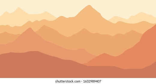 Fantasy on the theme of the morning landscape, sunrise in the mountains, panoramic view, vector illustration