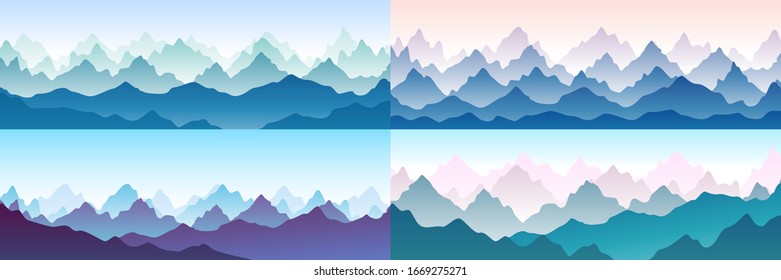 Fantasy on the theme of the morning landscape, sunrise in the mountains, panoramic view. Vector illustration of beautiful dark blue, pink mountain landscape with fog. Sunset. Set of 4 backgrounds. 