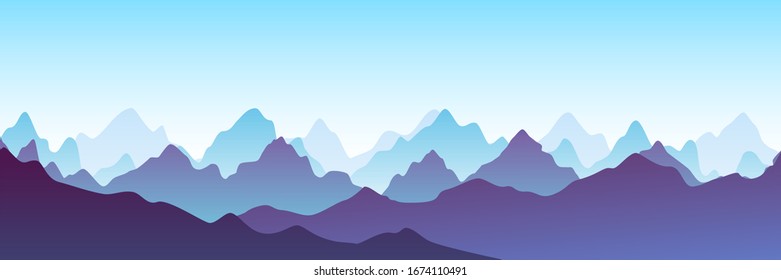 Fantasía sobre el tema del paisaje matutino, amanecer en las montañas, vista panorámica. Imagen vectorial de bello paisaje montañoso azul violeta con niebla. Atardecer en las montañas. Colinas y rocas