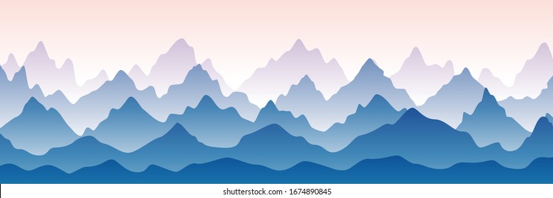 Fantasy on the theme of the morning landscape, sunrise in the mountains, panoramic view. Vector illustration of beautiful blue, pink mountain landscape with fog. Sunset in mountains. Hills and rocks.