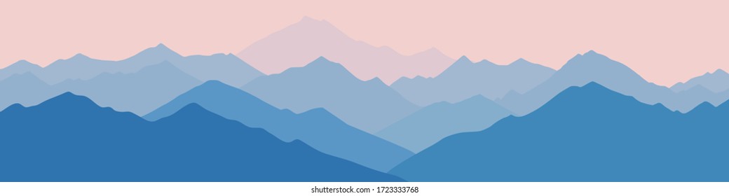 Fantasy on the theme of the morning landscape, sunrise in the mountains, panoramic view, vector illustration