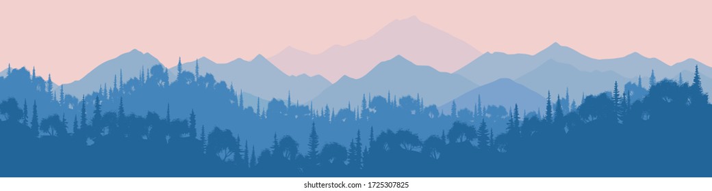 Fantasy on the theme of the morning landscape, sunrise in the mountains, mixed forest. Panoramic view, vector illustration.