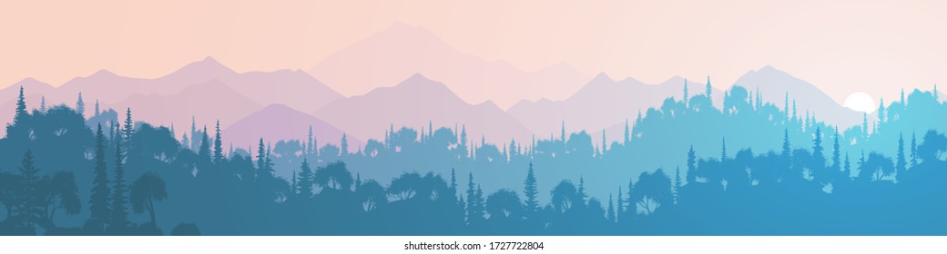 Fantasy on the theme of the morning landscape, sunrise in the mountains, mixed forest. Panoramic view, vector illustration.