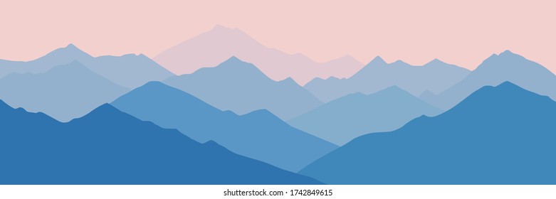 Fantasy on the theme of the morning landscape, sunrise in the mountains, panoramic view, vector illustration