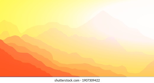 Fantasía sobre el tema del paisaje matutino. Amanecer en las montañas, vista panorámica, ilustración vectorial
