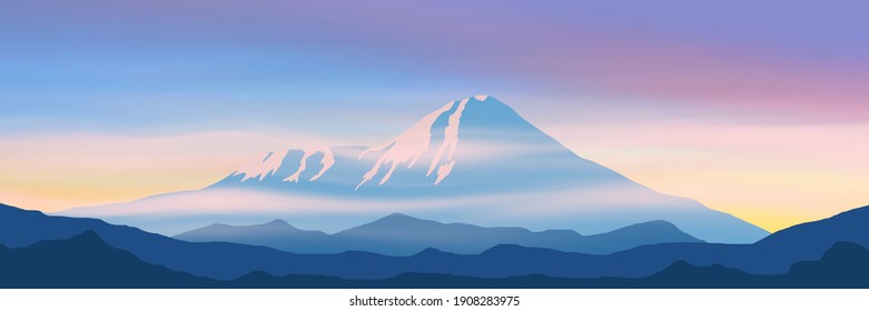 Fantasy on the theme of the morning landscape. Sunrise in the mountains, panoramic view. Volcanoes of Kamchatka.