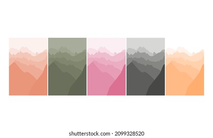 Fantasía sobre el tema del paisaje matutino, amanecer en las montañas, vista panorámica, ilustración vectorial. conjunto de montañas