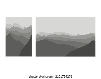 Fantasy on the theme of the morning landscape, sunrise in the mountains, panoramic view, vector illustration. mountains set