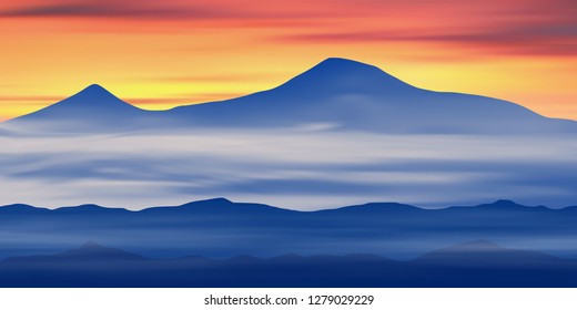 Fantasy on the theme of the mountain landscape. Mount Ararat at sunrise. Vector illustration, EPS10