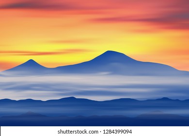 Fantasy on the theme of the mountain landscape. Mount Ararat at sunrise. Vector illustration, EPS10