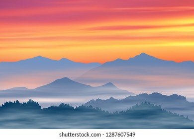 Fantasy on the theme of the mountain landscape. Fog and red sky. Vector illustration, EPS10