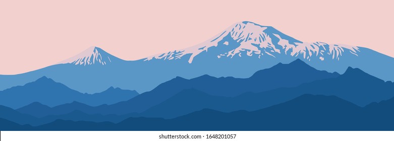 Fantasía sobre el tema del paisaje montañoso. Monte Ararat al amanecer. Ilustración del vector, EPS10