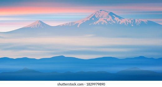 Fantasy on the theme of the mountain landscape. Mount Ararat at sunrise. Vector illustration, EPS10