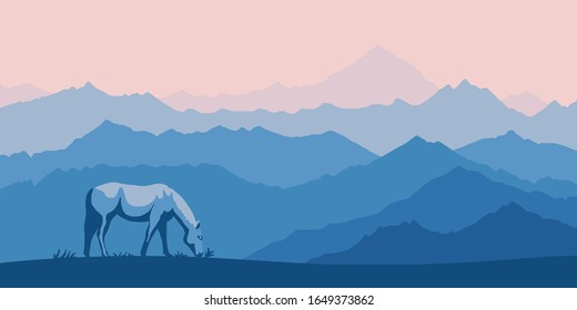 Fantasy on the theme of the mountains landscape. A horse grazes,  morning haze. Panoramic view, vector illustration.